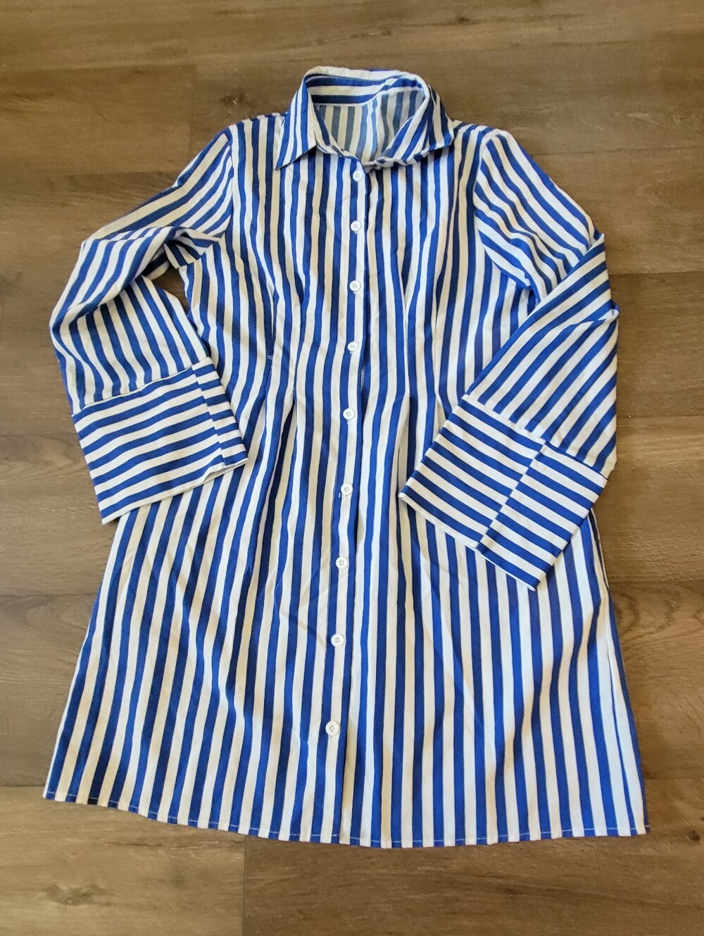 SHEIN Blue and White Vertical Stripe Button-Down Shirt